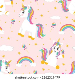 patrón infantil sin soldadura sobre fondo rosa unicornio con arco iris