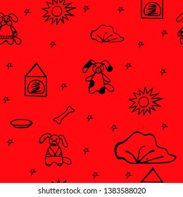 Childish seamless pattern on a red background. Cheerful dogs. Suitable for wallpaper on the wall, textiles, covers, packaging