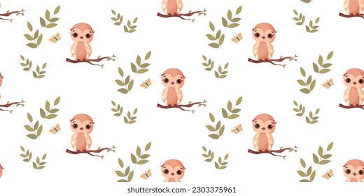 Childish seamless pattern with owlet and greenery branches. Perfect decor for printing on fabric and paper.