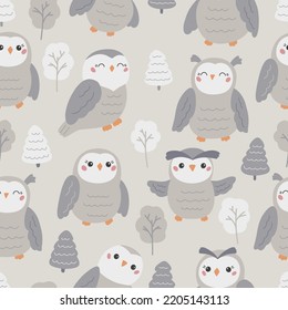 Patrón infantil sin costuras con búhos y árboles. Pájaros lindos dibujados a mano y bosque. Colores grises pasteles. Ilustración vectorial.