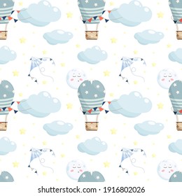 Childish seamless pattern with pale  blue hot air balloon in the sky with clouds, kite and stars . Cute cartoon background. Perfect for fabric, textile, wrapping.Vector Illustration.