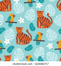 Childish seamless pattern with parrots, tigers, flowers and monstera leaves on light turquoise background. Scandinavian style. Perfect for childish print, apparel, nursery. Vector Illustration