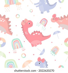 Childish seamless pattern. The pastel dinosaur with rainbows, clouds, stars, hearts, polka dots. Background for textile, fabric, nursery. Vector illustration.