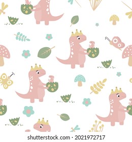 Childish seamless pattern with pastel pink dinosaur and their children hatch from the small egg. Background for textile, fabric, nursery. Vector illustration.