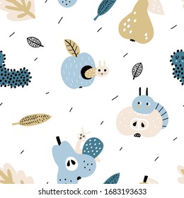 Childish seamless pattern with pears, apples, caterpillars and snail. Creative childish texture for fabric, wrapping, textile, wallpaper, apparel. Vector illustration