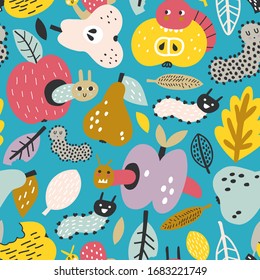 Childish seamless pattern with pears, apples, plum, caterpillars and snail. Creative childish texture for fabric, wrapping, textile, wallpaper, apparel. Vector illustration