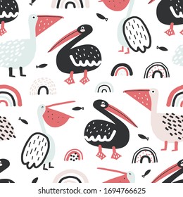 Childish seamless pattern with pelicans and rainbows. Creative childish texture for fabric, wrapping, textile, wallpaper, apparel. Vector illustration.