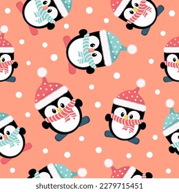 Childish seamless pattern with penguins in pink and blue colors. Design for fabric, for packaging, for wallpaper.