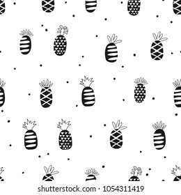 Childish seamless pattern with pineapple. Scandinavian style. Perfect for kids fabric, textile, nursery wallpaper. Memphis style. Black and white