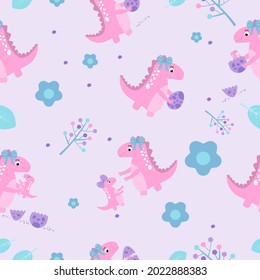 Childish seamless pattern. The pink dinosaur with their children's growing lives in the joyful forest. Background for textile, fabric, nursery. Vector illustration.