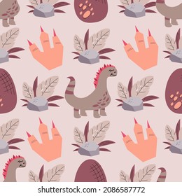 Childish seamless pattern in pink with dinosaur, stone, leaves and paw with claws.Vector illustration in flat style for baby textiles with cute dinosaur