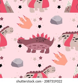 Childish seamless pattern in pink with dinosaur, stone stars and paw with claws.Vector illustration in flat style for baby textiles with cute dinosaur
