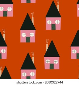 Childish  seamless pattern with pink houses on red background. Creative childish texture for fabric, wrapping, textile, wallpaper, apparel. Vector illustration in minimalistic style.