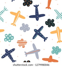 Childish seamless pattern with planes and clouds. Cute kids print. Vector hand drawn illustration.