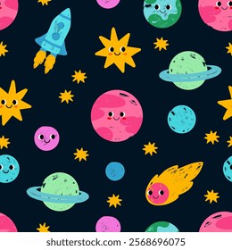 Childish seamless pattern with planets on a dark background. Hand drawn vector illustration. Crayon textures. Solar system, rocket, stars.