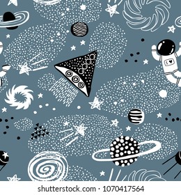 Childish seamless pattern with planets, stars, astronaut and spaceship. Hand drawn overlapping background for your design. Vector childish background for fabric, textile, nursery wallpaper.