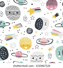 Childish seamless pattern with planets, stars and asteroids. Hand drawn overlapping background for your design. Vector childish pattern for fabric, textile, nursery wallpaper.