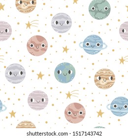 Childish seamless pattern with planets and stars in cosmos.
