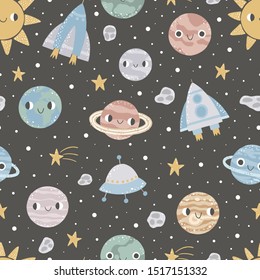 Childish seamless pattern with planets, stars, spaceships and ufo in cosmos.