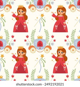 Childish Seamless Pattern with Princess, Carriage, Magic Wand in Scandinavian Style. Vector Childish Background for Fabric, Textile.