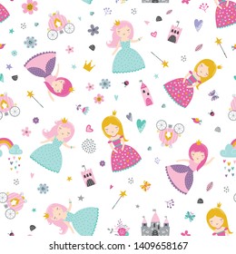 Childish seamless pattern with princess, castle, carriage. Creative vector childish background for fabric, textile.
