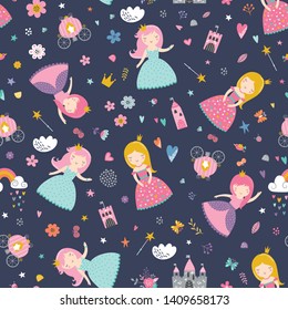 Childish seamless pattern with princess, castle, carriage. Creative vector childish background for fabric, textile.
