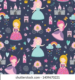 Childish seamless pattern with princess, castle, carriage in scandinavian style. Creative vector childish background for fabric, textile