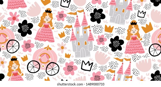 Childish seamless pattern with princess, castle, carriage in scandinavian style. Creative vector childish background for fabric, textile. Scandinavian design. Kids pattern. - Vector