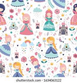 Childish seamless pattern with princess, castle, carriage in scandinavian style. Creative vector childish background for fabric, textile