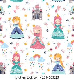 Childish seamless pattern with princess, castle, carriage in scandinavian style. Creative vector childish background for fabric, textile