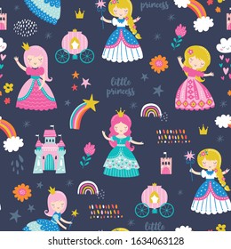 Childish seamless pattern with princess, castle, carriage in scandinavian style. Creative vector childish background for fabric, textile