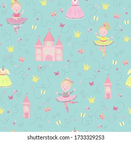 Childish seamless pattern with princess, castle, crown, butterfly carriage in scandinavian style. Creative vector childish background for fabric, textile.