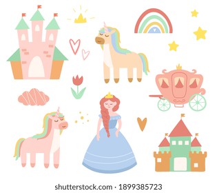 Childish seamless pattern with princess, castle, carriage in scandinavian style. Creative vector childish background for textile. Set of cartoon vector illustrations isolated on white background