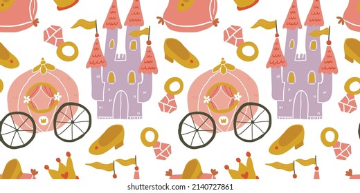 Childish seamless pattern with princess, castle, carriage in scandinavian style on white. Creative vector childish background for fabric, textile, clothing