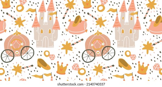 Childish seamless pattern with princess, castle, carriage in scandinavian style on white with polka dots. Creative vector childish background for fabric, textile, clothing