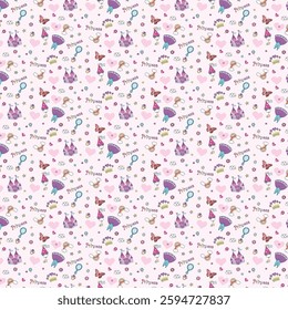 Childish seamless pattern with princess, castle, carriage in scandinavian style. Creative vector childish background for fabric, textile