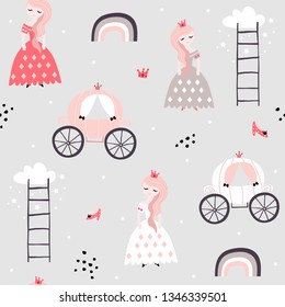 Childish seamless pattern with princess, rainbow, carriage in scandinavian style. Creative vector childish background for fabric, textile