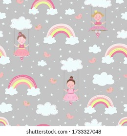 Childish seamless pattern with princess, rainbow, bird carriage in scandinavian style. Creative vector childish background for fabric, textile.