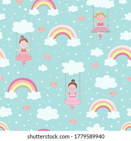 Childish seamless pattern with princess, rainbow, bird carriage in scandinavian style. Creative vector childish background for fabric, textile.