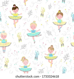 Childish seamless pattern with princess, toy, ballerina, ballet dress, carriage in Scandinavian style. Creative vector childish background for fabric, textile.