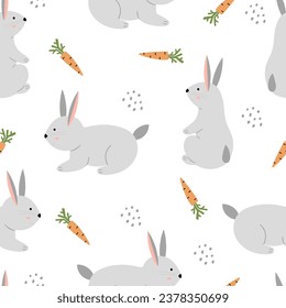 Childish seamless pattern with rabbit and carrot. Easter background.