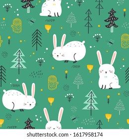 Childish seamless pattern with rabbit in the forest . Vector background for children. Scandinavian style. Vector illustration.