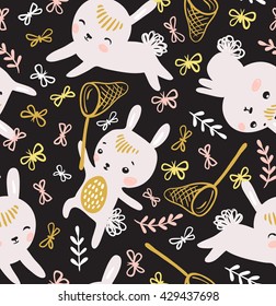 Childish seamless pattern with rabbits, butterflies and lawn. Vector illustration for kids fabric, gift paper and wallpaper.