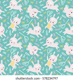 Childish seamless pattern with rabbits, butterflies and lawn. Vector illustration for kids fabric, gift paper and wallpaper.