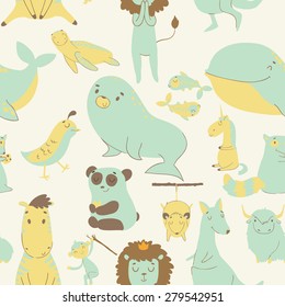Childish seamless pattern with raccoon, lion,panda, bear, hippopotamus, whale and kangaroo. Can be used for pattern fills, web page backgrounds, surface textures. Great for children bedroom wallpaper