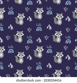 Childish seamless pattern with raccoon. Perfect for kids apparel,fabric, textile, nursery decoration,wrapping paper. Vector