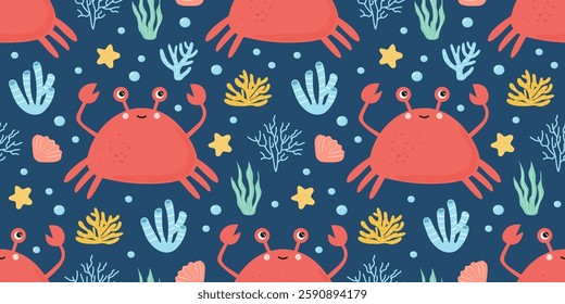 Childish seamless pattern with red crabs