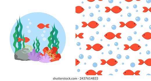 Childish seamless pattern with red fishes and underwater fauna. Cute print for kids apparel, fabric, wallpaper, textile, t-shirt print