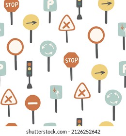 Childish seamless pattern with road signs on a white background. Can be used for fabric, wallpaper, textile.