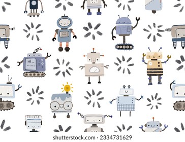 Childish seamless pattern with robots. Funny cartoon rotot, childish illustration.